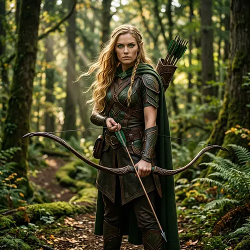 Beautiful Elf Archeress with Golden Hair and Emerald Green Eyes