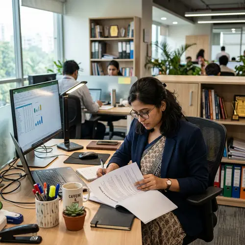 Professional South Asian Woman Examining Important Document at Workspace