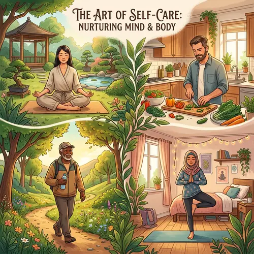 Diverse Self-Care Activities: Meditation, Nature Walk, Healthy Meal, Yoga
