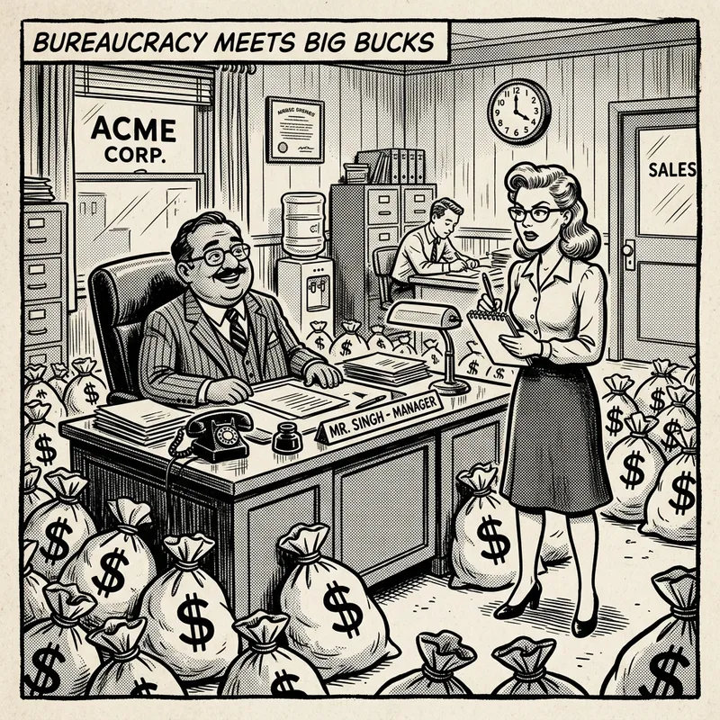 Comical BW Cartoon: Manager & Female Secretary in Office with Hemp Sacks