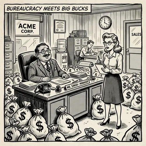 Nostalgic Black and White Cartoon: Middle-Aged South Asian Manager & Caucasian Female Secretary in Office Setting
