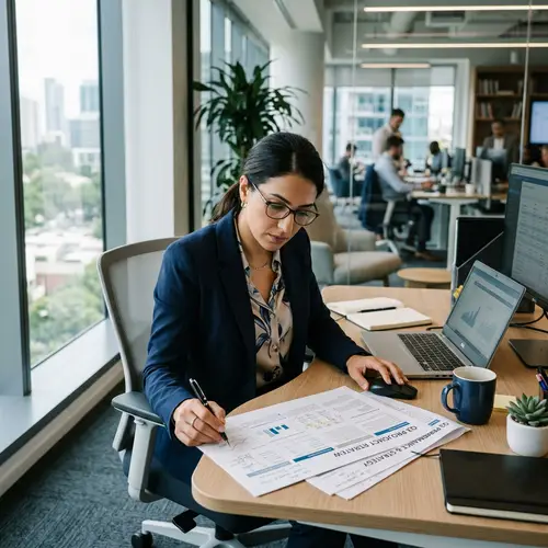 Modern Office Setting: Businesswoman Focused on Document