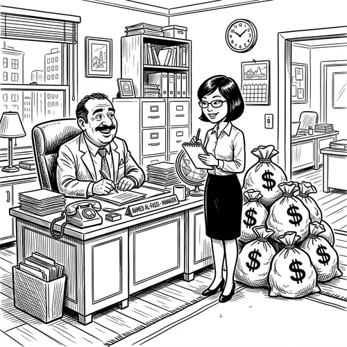 Black and White Cartoon Office Scene with Middle-Eastern Manager and East Asian Secretary