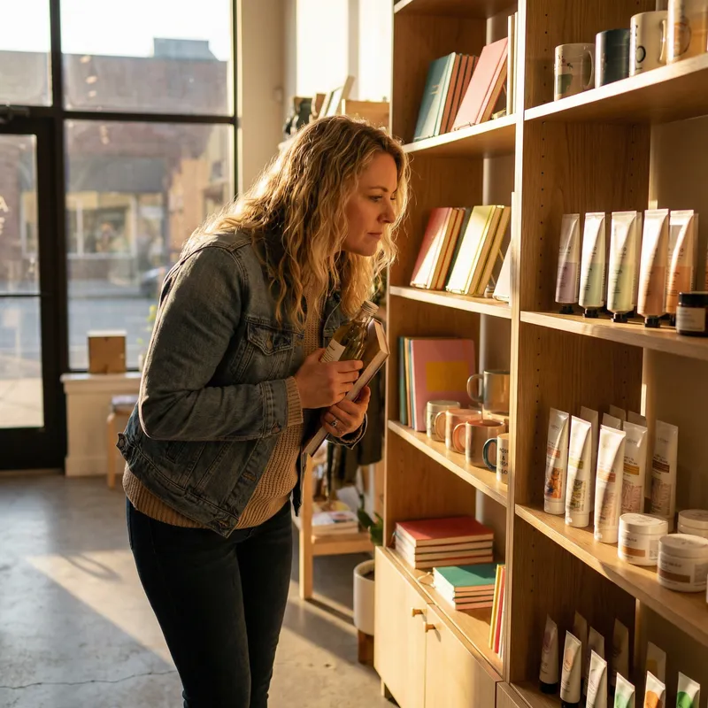 Blonde Woman Examining Merchandise in Modern Store