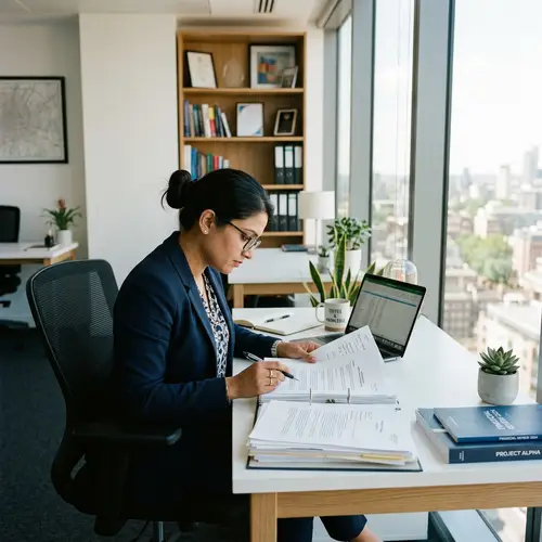 Professional South Asian Woman Examining Documents in Well-Lit Office