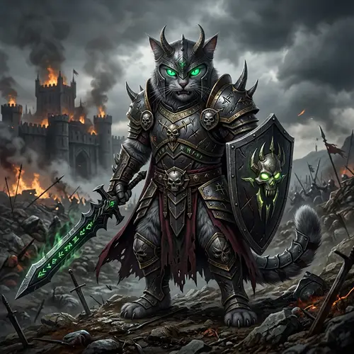 Evil Cat Paladin: Gray Fur & Green Eyes