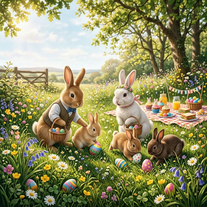 Joyful Bunny Family Easter Celebration | A Scene of Family Bunnies