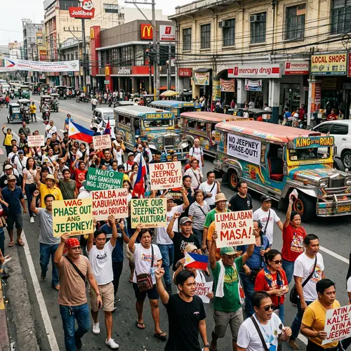 Diverse Crowd Protesting Traditional Jeepneys in Philippines
