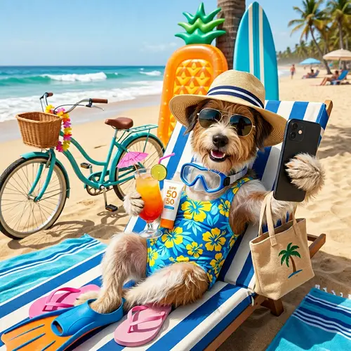 Carefree Dog on Beach Vacation: Summer Selfie with Stylish Gear