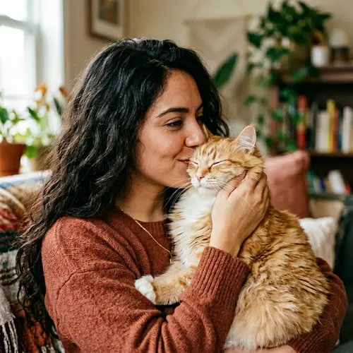 Romantic Moment: Young Hispanic Woman Kissing Fluffy Cat