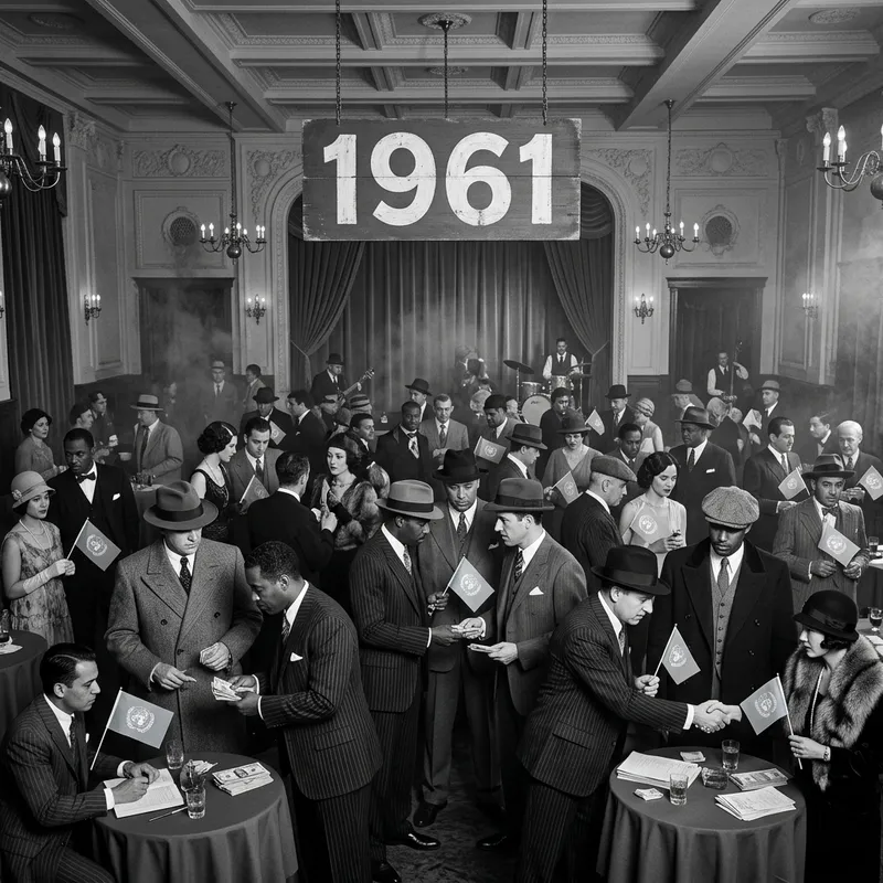 1920s Themed Scene of 81 People in Al Capone Attire Making Deals with UN Flags and 1961 Sign