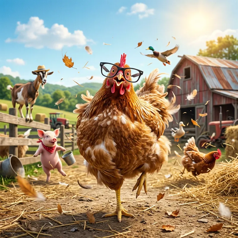 Humorous Chicken Scene - Playful Barnyard Scene