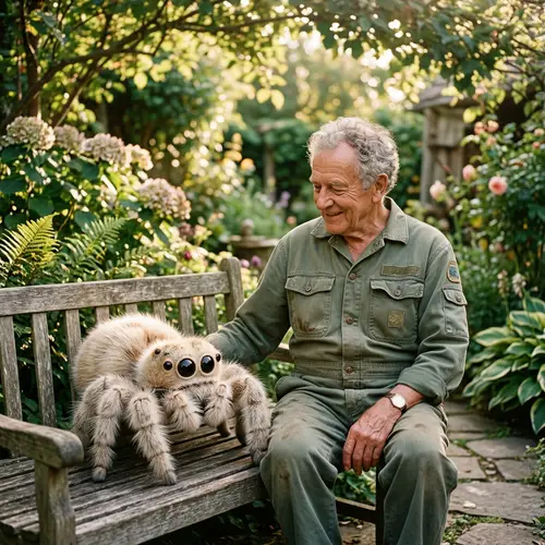Older Man and His Spider Friend in a Peaceful Garden