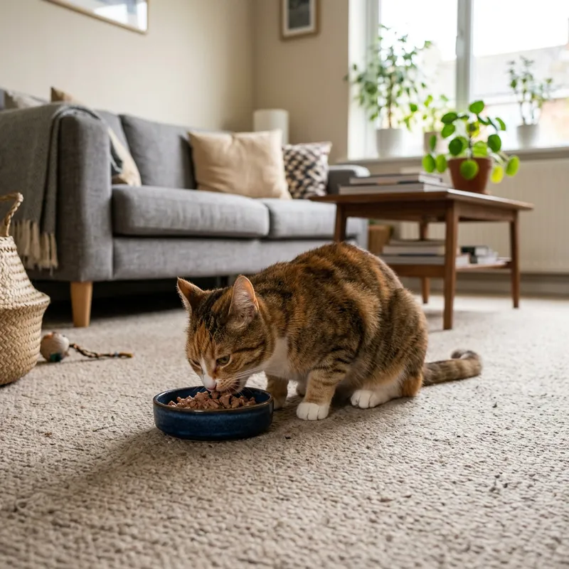 Cat Eating Cat Food on Living Room Rug