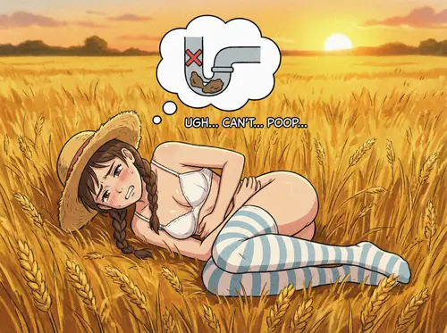 Constipated Farm Girl in Wheat Field - 18+ Anime