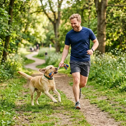 Happy Man and Labrador Playing Together