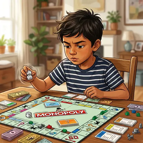 Young South Asian Boy Playing Monopoly with Dice