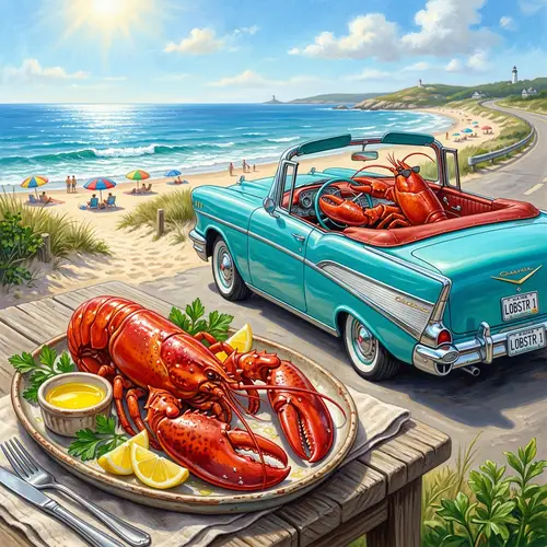 Vibrant Red Lobsters - Fresh Seafood Platter & Vintage Car Scene
