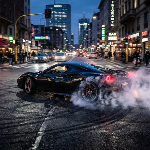 Sleek Black Ferrari Drift Maneuver: City Lights Reflection