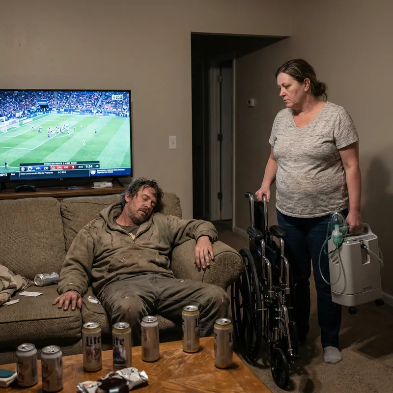 Drunk Man on Couch with Woman in Wheelchair