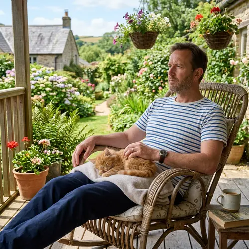 Man with Sleeping Kitten on Rocking Chair - Countryside Portrait