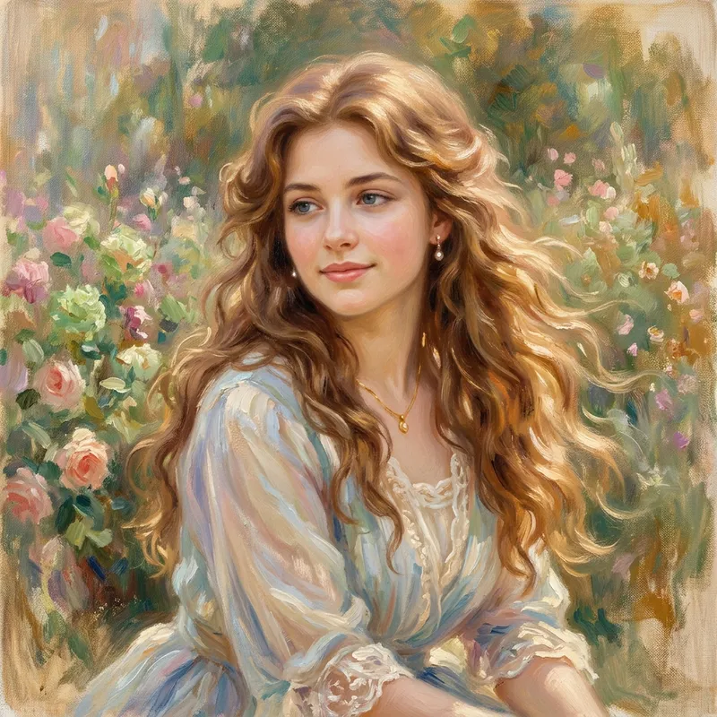 Medium Close-Up Fine Art Portrait of Beautiful Girl with Dreamy Renoir Style