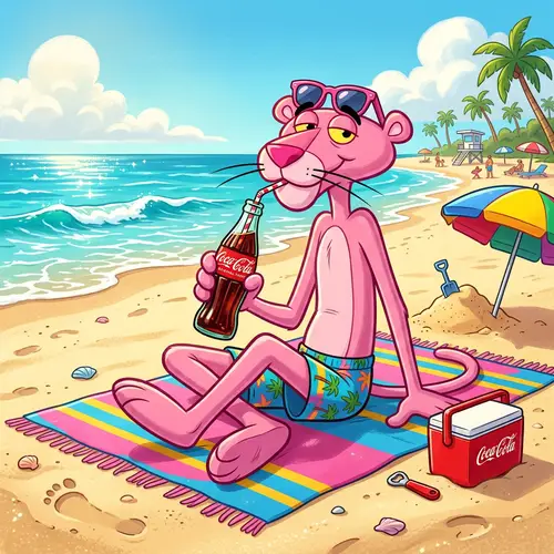 Pink Panther Enjoying Coca-Cola on the Beach