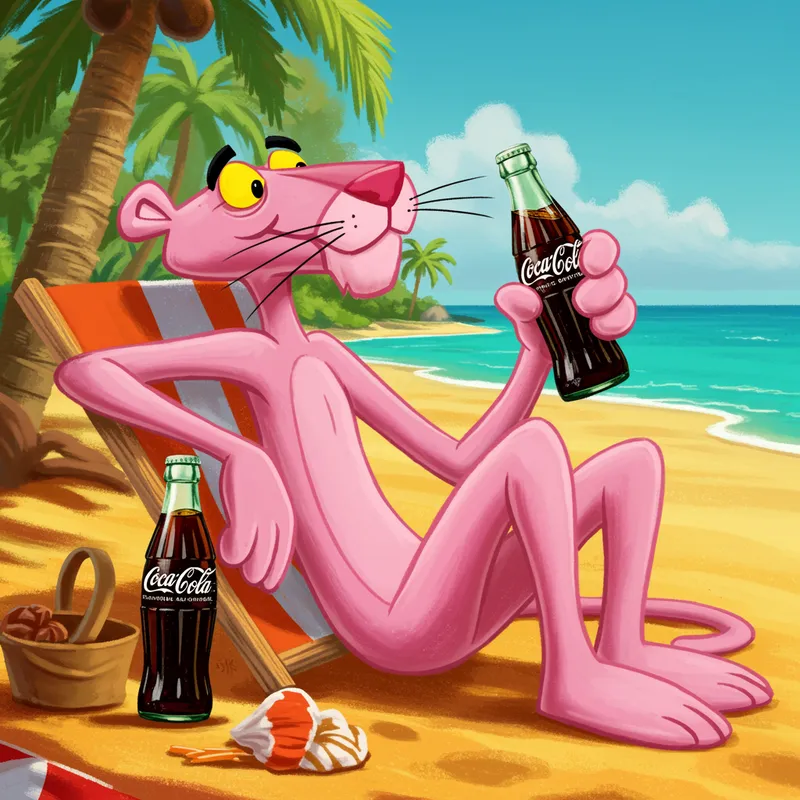 Pink Panther Enjoying Coca-Cola on the Beach