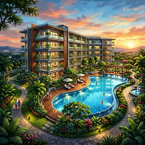 Modern 5-Story Apartment Garden with Pool Design