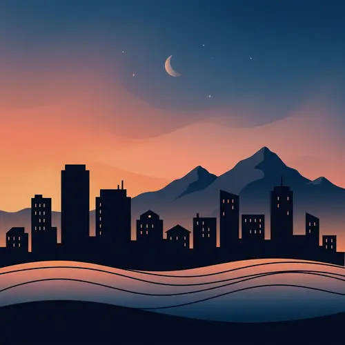 Simple Building Silhouettes with Mountain Backdrop