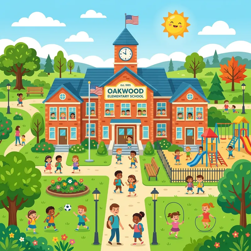 2D Cartoon Elementary School in a Green Park