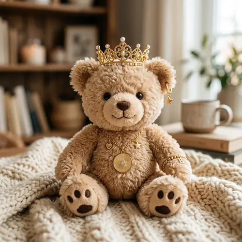 Cute Bear Doll with Gold Accessories