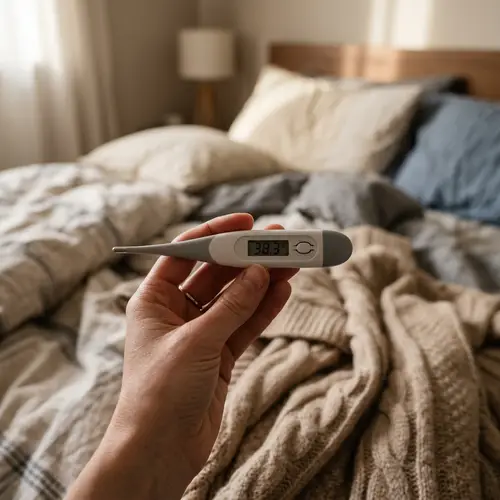Digital Thermometer Reading 38.3°C - Cozy Bedroom Scene