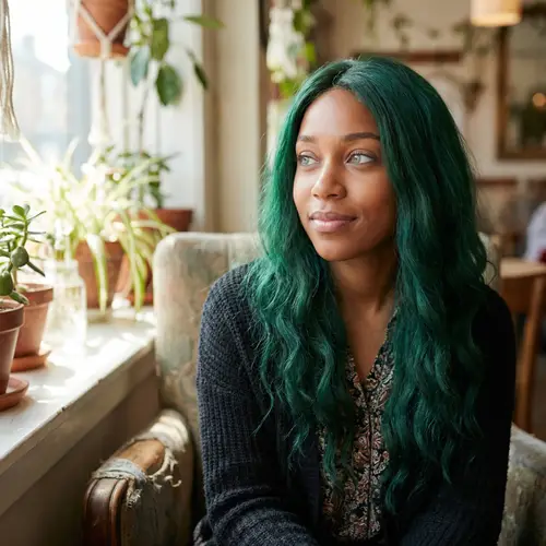 Elegant Woman with Green Wavy Hair | Captivating Beauty