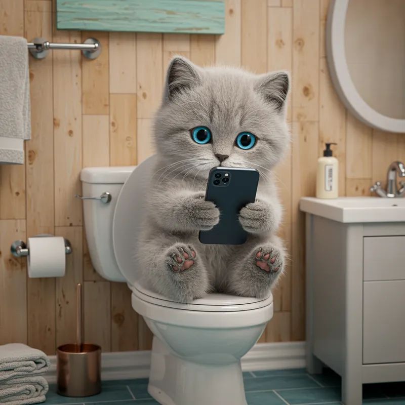 Adorable Gray Kitten on Toilet: A Whimsical Scene