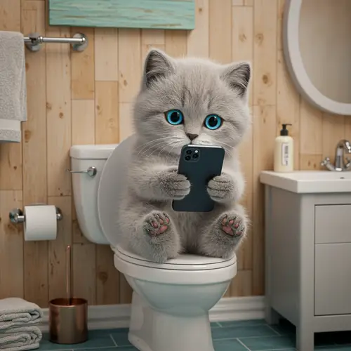 Adorable Gray Kitten on Toilet: A Whimsical Scene