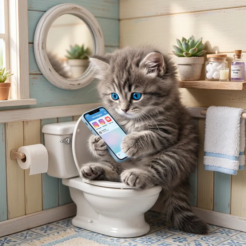 Adorable Gray Kitten on Toilet: A Whimsical Scene