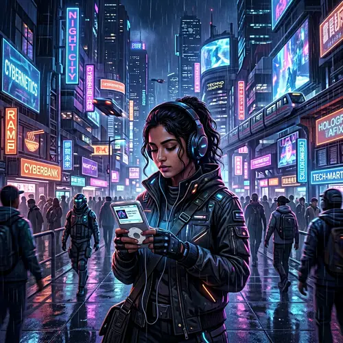 Futuristic Cyberpunk Scene with Young Girl and iPod Music Player