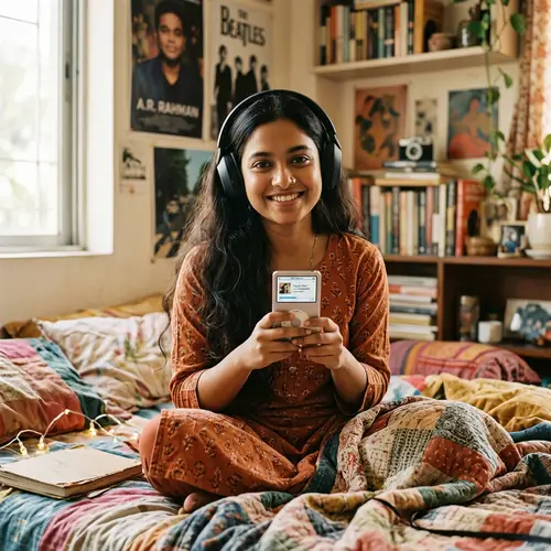 South Asian Girl with Vintage Music Player and Wireless Headphones