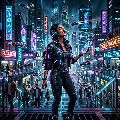 Futuristic Cyberpunk South Asian Woman Enjoying Music