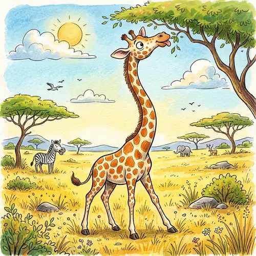 Funny Young Giraffe Drawing in the Savanna