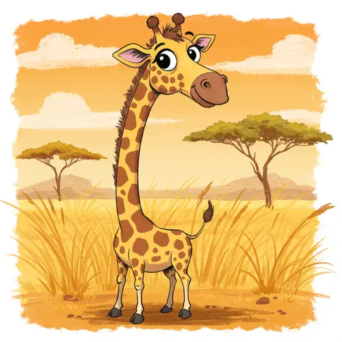 Funny Young Giraffe Drawing in the Savanna