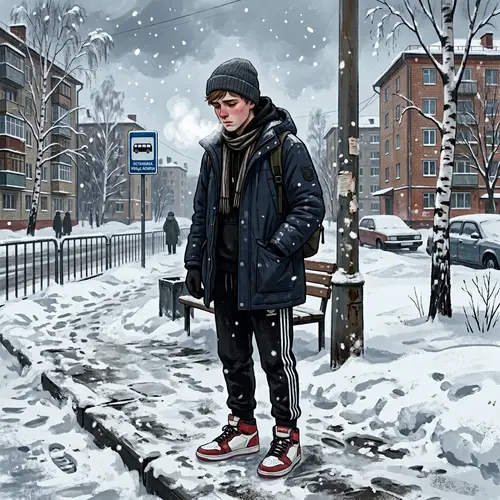 Russian Teen Boy in Winter Scene with 80s Style Sneakers