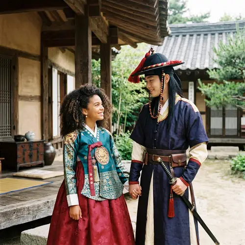 Italian-Dominican Girl in Hanbok at Joseon Dynasty House with Korean Soldier
