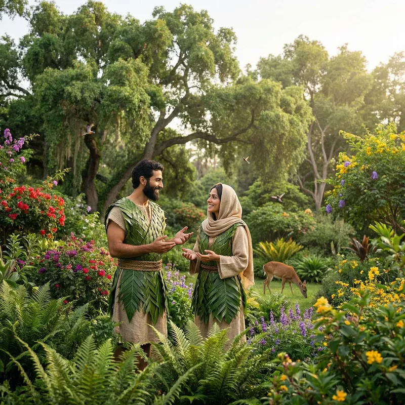 Adam and Eve in Garden of Eden: Harmonious Wildlife Encounter
