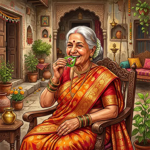 Elderly Indian Woman Enjoying Traditional Banarasi Paan