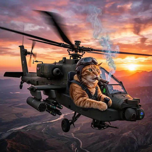 Ginger Tabby Cat Flying Apache Helicopter at Sunset