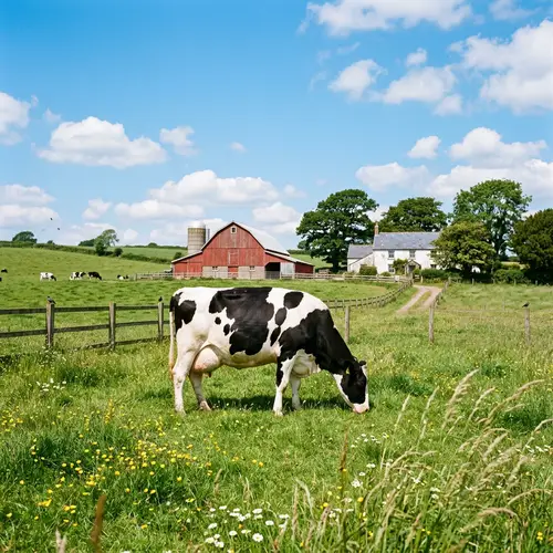 Idyllic Countryside Farm: Serene Pastoral Scene with Black and White Cow