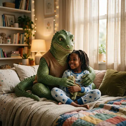 Interspecies Bond: Black Girl and Reptilian Being on Cozy Bed