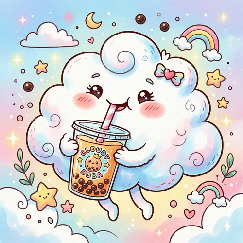 Whimsical Fluffy Cloud Sipping Milk Tea - Cartoon Illustration